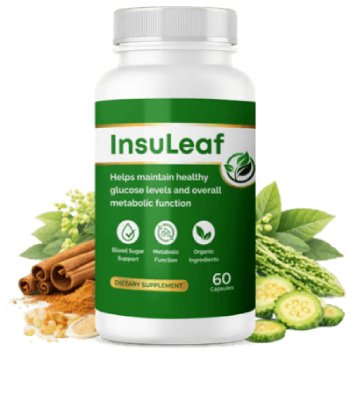 Official InsuLeaf blood sugar balance capsules bottle showing supplement facts label