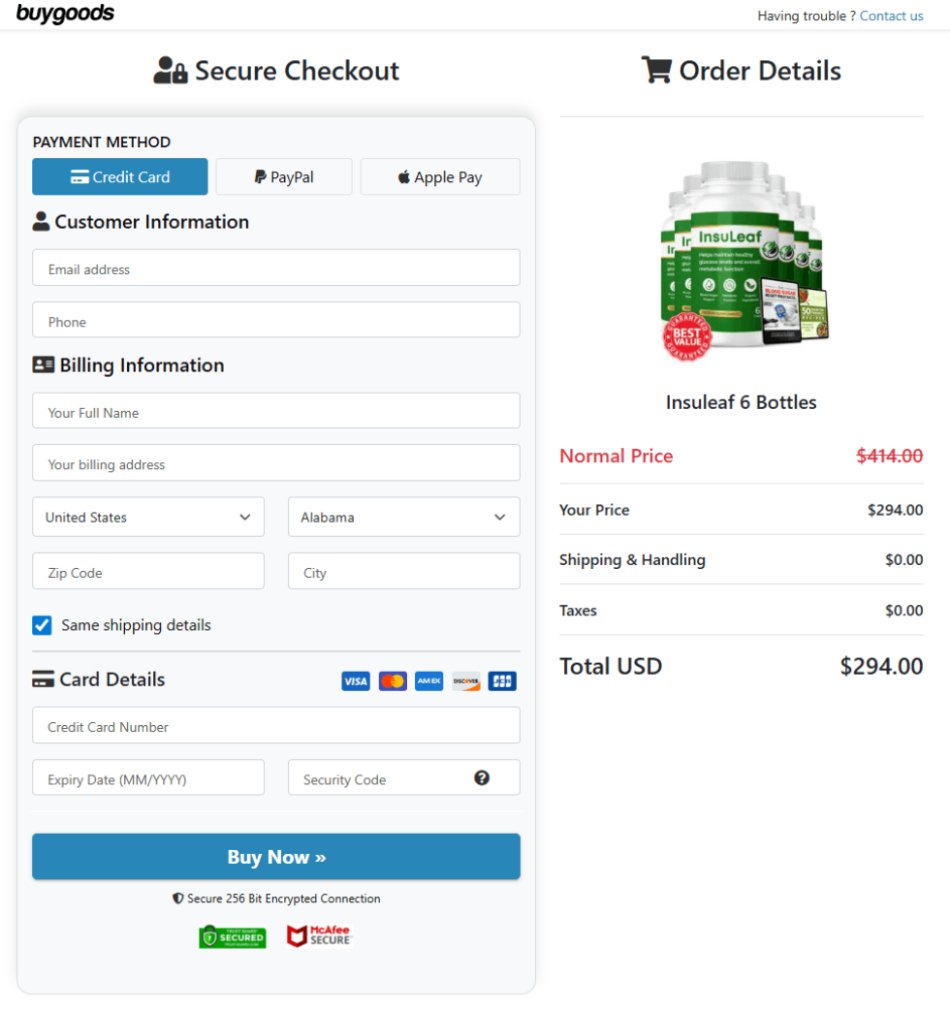 Safe online payment processing for InsuLeaf orders through secure checkout